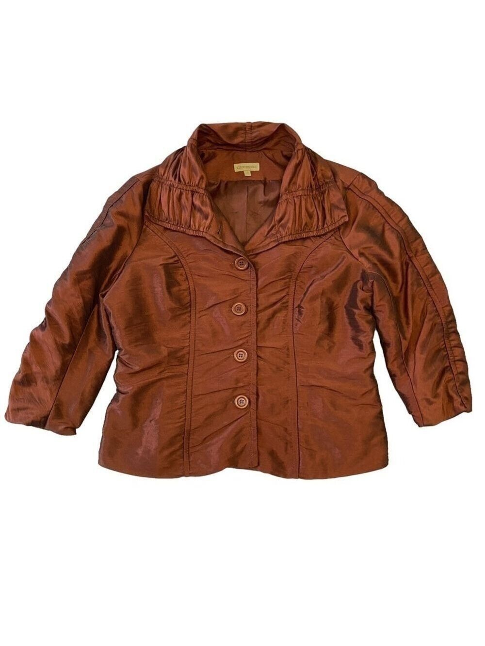 Kerrybrooke blazer jacket 3/4 sleeves woven  silky copper material button Large